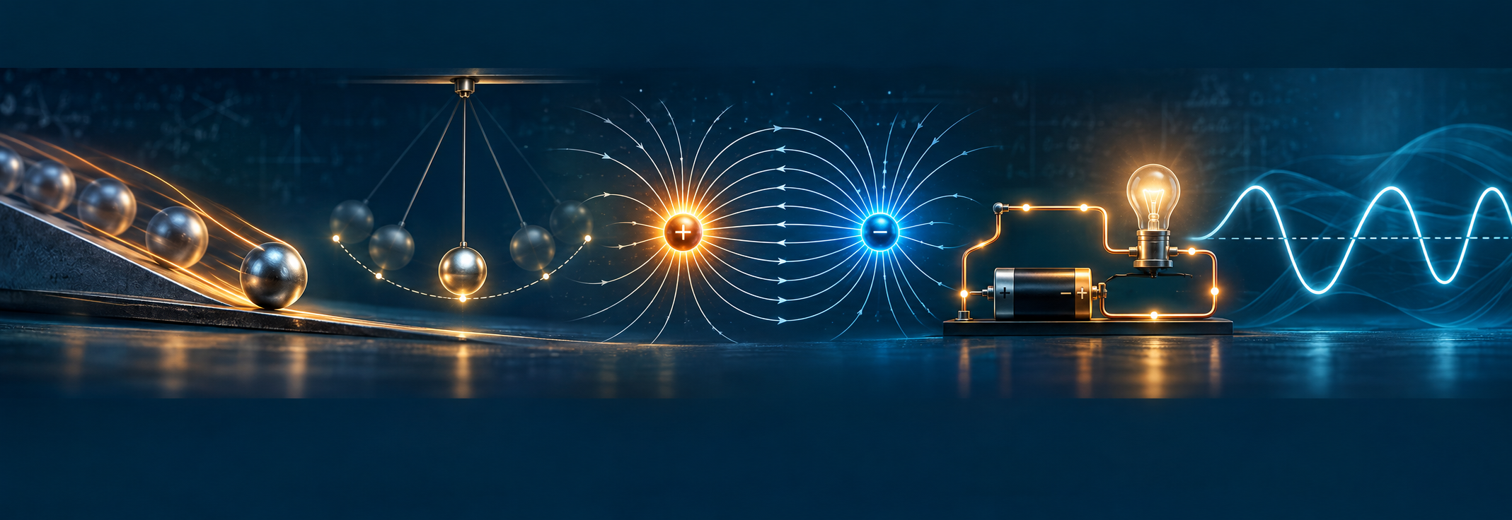 Physics learning banner illustrating motion, a pendulum, electric fields, a simple circuit, and wave motion.